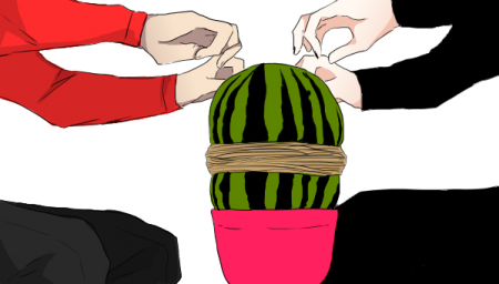 輪ゴムの圧でスイカ割るネタ。→